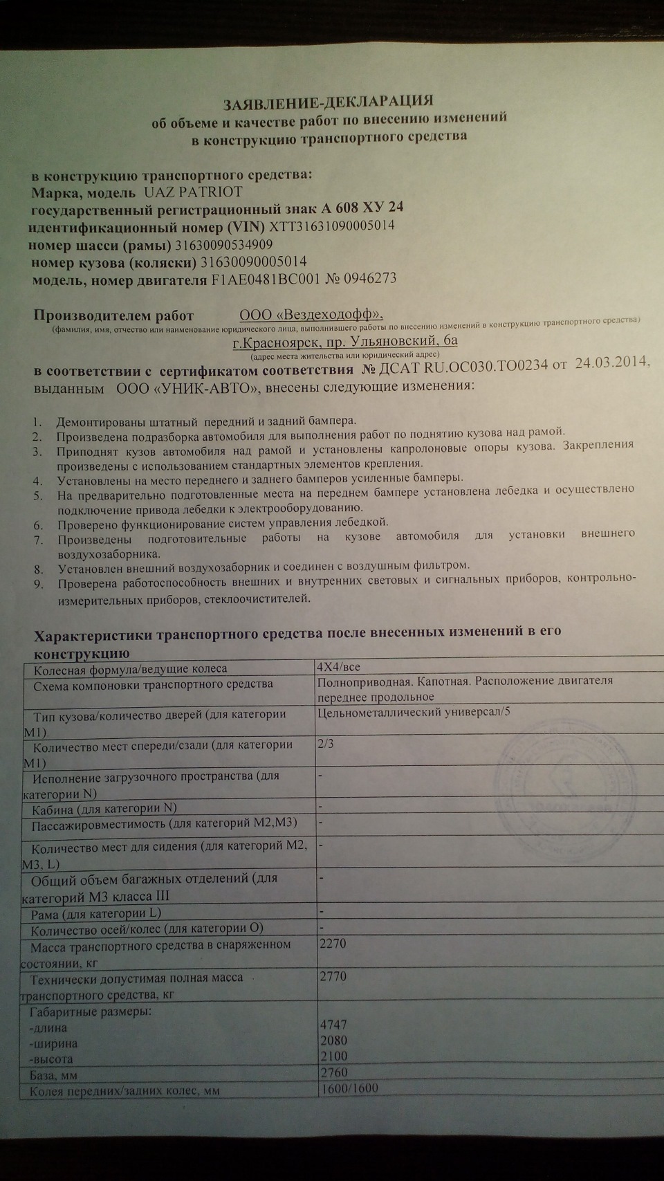 Заявление-декларация — УАЗ Patriot