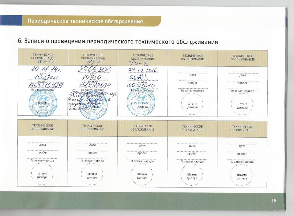 запись в сервисной книжке — Hyundai Solaris (1G)