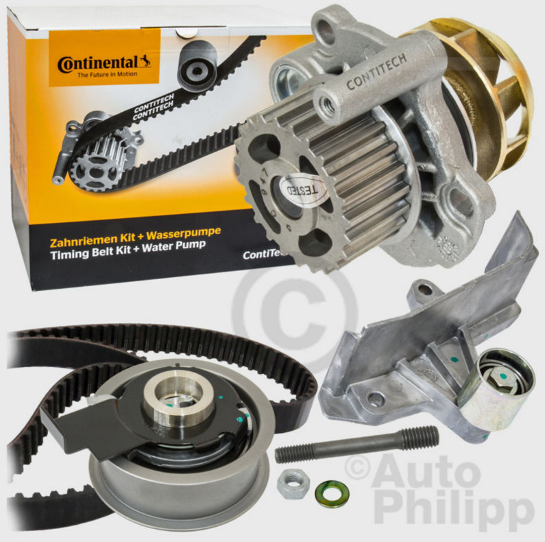 CT909WP2 комплектуется: Помпой Contitech WP6041, ремнем Contitech CT 909, Contitech V56365 Ролик паразитный / ведущий, Contitech V56364 Ролик ремня ГРМ — Audi A4 (B6). Запчасти на фото: CT909WP2, WP6041, CT909, V56365, V56364