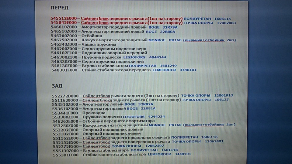 те что синим это варианты замены которые я ставил. те что красным это оригинал который у меня новый остался-если интересно-продам дешевле чем в магазинах. от BlackSport76 — KIA Sportage (2G). Запчасти на фото: 1606115, 545842E000, 12062083, 546610Z000, 546510Z000, 546260Z000, 546250Z000, PK160, 546200Z000, 546102E100, 4044244, 548130Z000, 1601249, 548301F000, 3448101, 552272D000, 12061913, 5511629000, 106127, 553510Z000, 32R82A, 553610Z000, 553441F000, 5533007100, 4244234, 546262E000, 553250Z000, 553202E000, 553102E000, 551162E000, 1606116, 552152E500, 12062401, 552272E500, 12062397, 555130Z000, 555301F000, 3148201