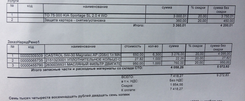Со скидкой 20% ТО 5 вышло 7418,27 руб. — KIA Sportage (3G). Запчасти на фото: SL204, 2151323001, 2630035531, 27600, 0450001, 0420001