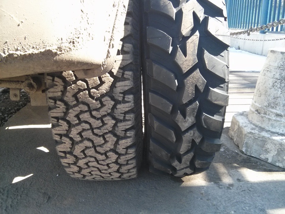Сравнение BFGoodrich AT 265/65 R18 слева и Dunlop Grandtrek MT2 255/85 R16 справа — SsangYong Actyon (1G). Запчасти на фото: Dunlop GrandTrek MT2 255/85R16