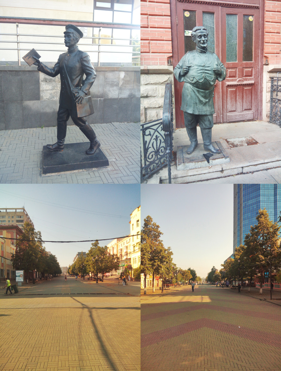Левый верх – памятник почтальону, 2014 г. Образ почтальона конца XIX — начала XX века. Чугунный почтальон одет в кафтан и сапоги, фирменную фуражку, которая была введена в 1885 г. по распоряжению императора Александра III. В руках он держит конверт с надписью: «Загадай желание – и оно исполнится». Правый верх – памятник купцу. Две нижние фотографии хорошо показывают протяжённость и ширину пешеходной улицы «Кировки». — Lexus LX (UZJ100)
