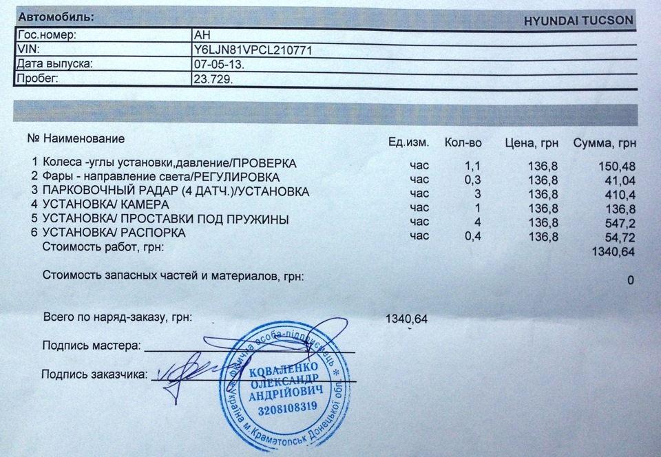 Регламент выполненных работ. — Hyundai Tucson (JM)