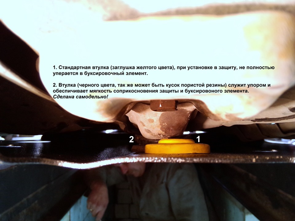 Между металлической защитой и элементом буксировки подложить втулку — Toyota Corolla (110)