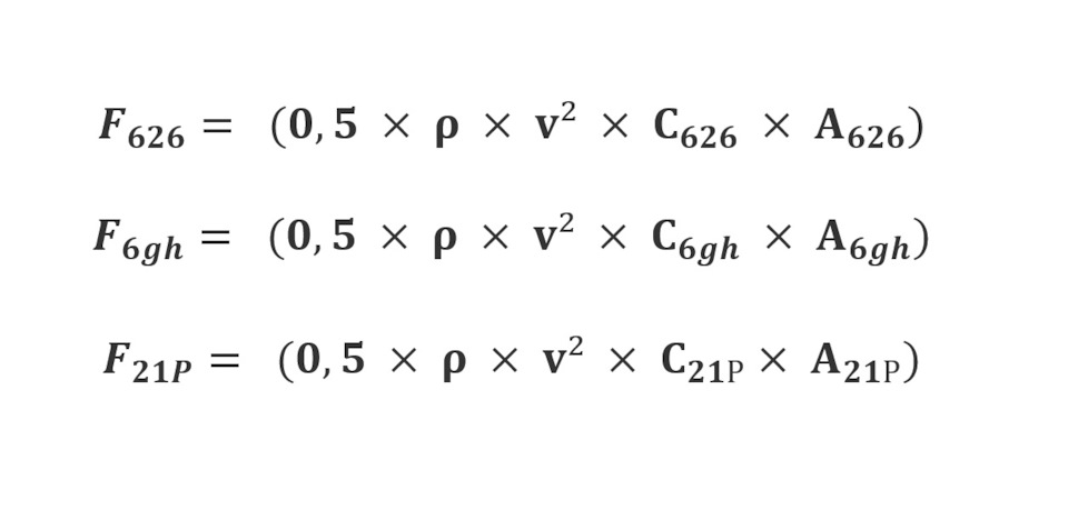 F_626= (0,5 × ρ × v² × C_626 × A_626) F_6gh= (0,5 × ρ × v² × C_6gh × A_6gh) F_21P= (0,5 × ρ × v² × C_21Р× A_21Р) — Mazda 626 IV (GE)