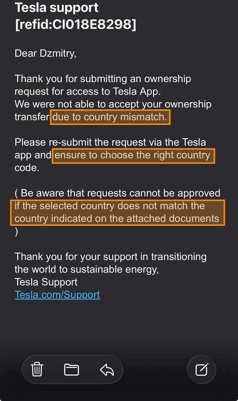 Отказ на добавление автомобиля по белорусским документам — Tesla Model 3 (2024)