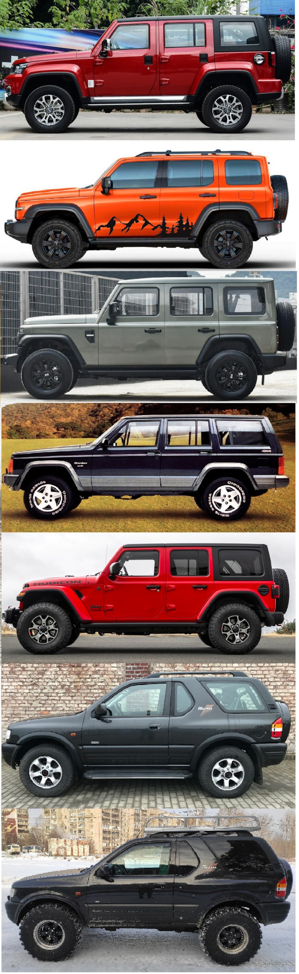 Сравнение переднего и заднего свесов Jeep Cherokee XJ, Jeep Wrangler JK, Tank 300, Baic BJ40, BAW 212 T01, Opel Frontera B Sport и Opel Frontera B Sport подготовленный. — Opel Frontera B