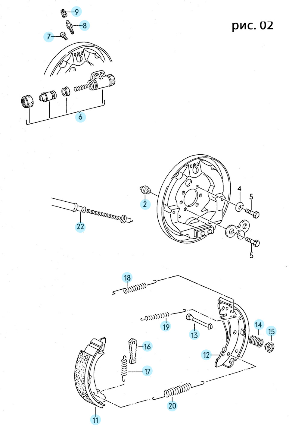 РИСУНОК 02. Колодки. Тормозной механизм. Тормозной цилиндр. — Volkswagen Passat Variant (B4)