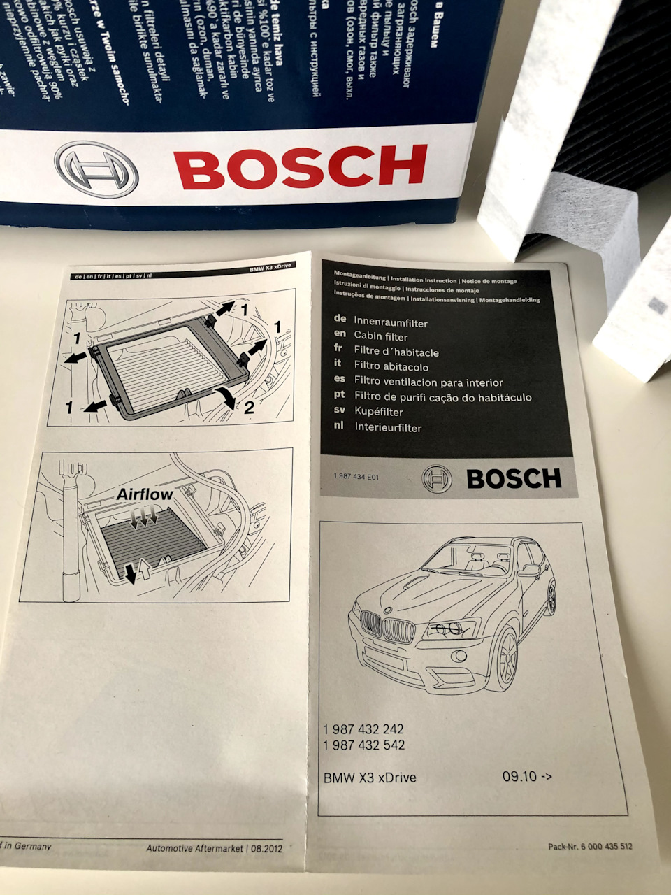 Photo from the logbook BMW X3 (F25). Found on photo: 1987432242, 1987432542