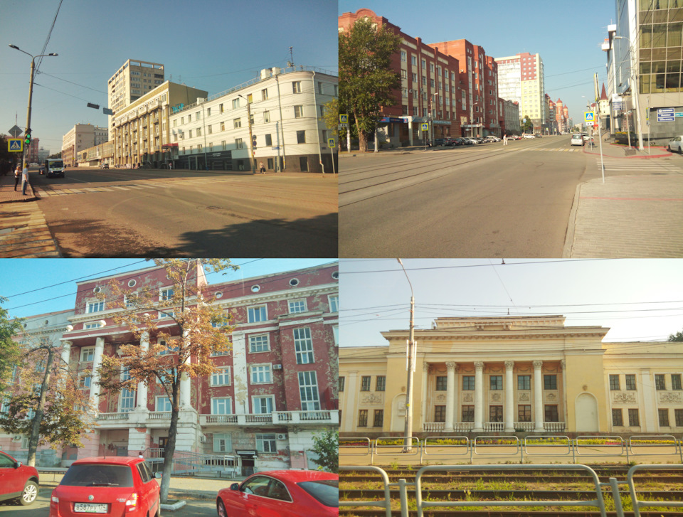 Две верхние фотографии хорошо показывают ширину второстепенных улиц города, посередине которых проходят трамвайные пути. Левый верх – пятиэтажный жилой дом, 1938 г. на ул. Цвиллинга, 28. Правый верх – ул. Карла Маркса, 73. Левый низ – шестиэтажный жилой дом, 1936 г. на пр-кте Ленина, 40. Состояние здания на центральном проспекте оставляет желать лучшего, которое, несомненно, портит облик города. Правый низ – здание Театра ЧТЗ (Челябинского тракторного завода), 1933 г. Здание, в котором 2 июня 1933 г. проходило собрание трудящихся в связи с пуском ЧТЗ, на котором выступал председатель ЦИК СССР М. И. Калинин. Внешний экстерьер фасада здания театра выполнен в стиле неоклассицизма, с доминантой в виде большой лоджии главного фасада с четырьмя колоннами коринфского ордера. Фасады здания театры украшены пилястрами в межоконных простенках и горельефными композициями, выполненных в виде картушей с маскаронами, обрамленными гирляндами (скульптор И. Н. Клигер). — Lexus LX (UZJ100)