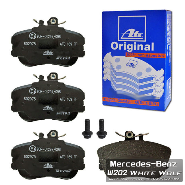 Передние колодки, отличного качества ATE 169FF — Mercedes-Benz C-Class (W202). Запчасти на фото: 602975