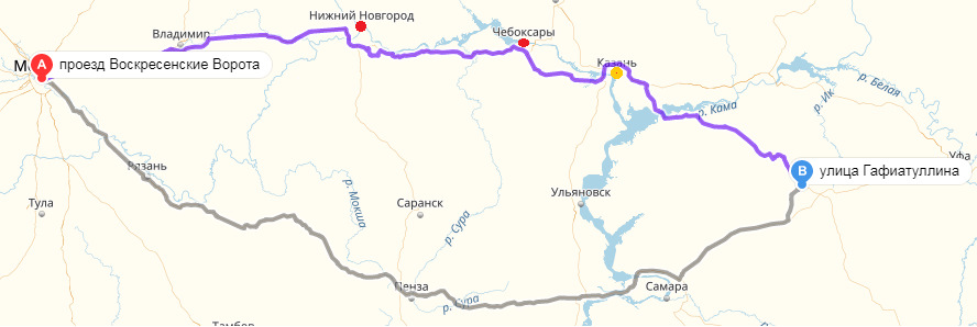 Весь путь. Красные точки — Посещённые города Оранжевая — Проехали через весь город — Ford Mondeo IV