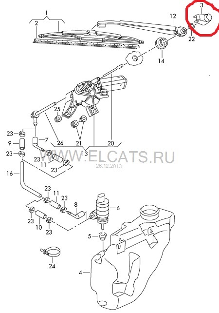 Колпачек на дворник (in red circle) — Volkswagen Polo Hatchback Mk3. Запчасти на фото: 122013
