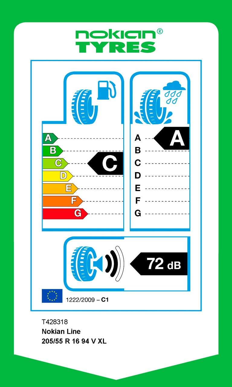 EU labels Nokian Line — BMW 3 series Touring (E46). Запчасти на фото: Nokian Tyres Line 205/55R16
