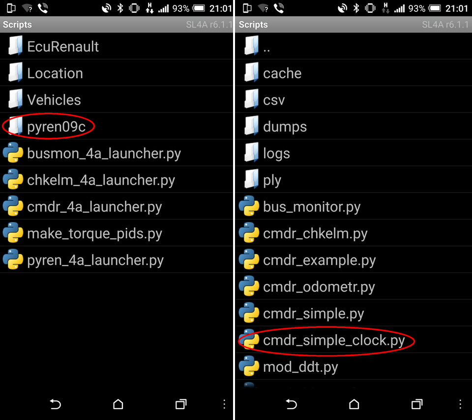 4. Запускаем на смартфоне или планшете PyRen (иконка sl4a) и открываем папку pyren09x, далее запускаем скрипт cmdr_simple_clock.py и даём ему прописать необходимые команды, в конце появится список, где будет указано, что ошибок во время операции было 0, значит процесс прошёл удачно — Renault Grand Scenic III