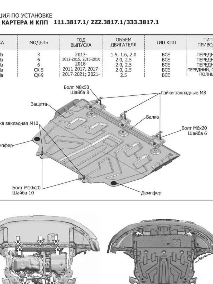 111.3817.1 Защита картера и КПП с крепежом MAZDA: CX-5, V — 2,0