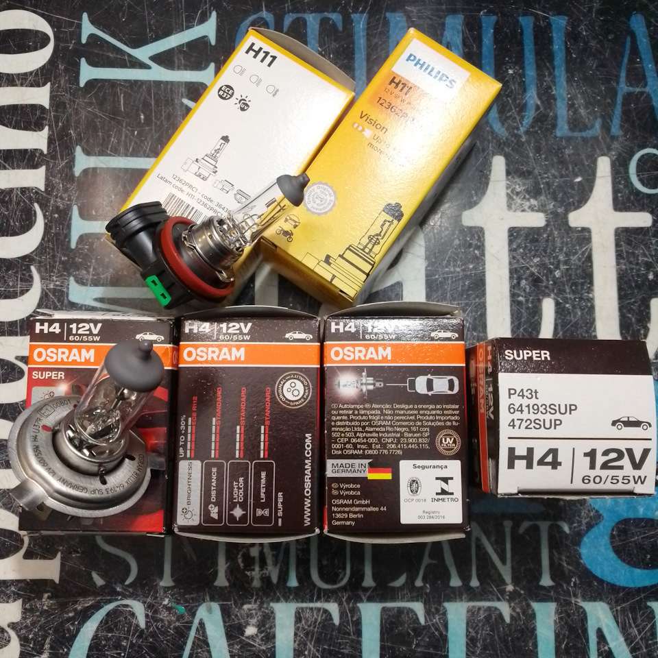 Лампочки в фары и птф. H4 — Osram super +30% 64193SUP, H11 — Philips vision +30% 12362PRC1. Надёжные. Был оооочень большой соблазн на осрам лазер, но здравый смысл победил. — Renault Logan (1G). Запчасти на фото: 64193SUP, 12362PRC1, 415