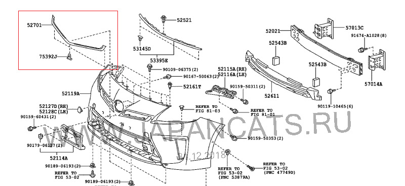 Toyota 52701-47010 — Moulding sub-assy, front bumper. Применимость: PRIUS (PLUG-IN HBD) ZVW35; JAPAN — Toyota Prius Plug-in Hybrid (1G). Запчасти на фото: 5270147010, 9015950311, 9015950353, 9017906127