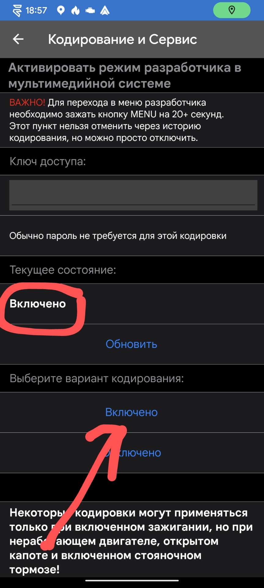 Нажимаем включить и после обновления будет статус включено. — Skoda Rapid (2G)
